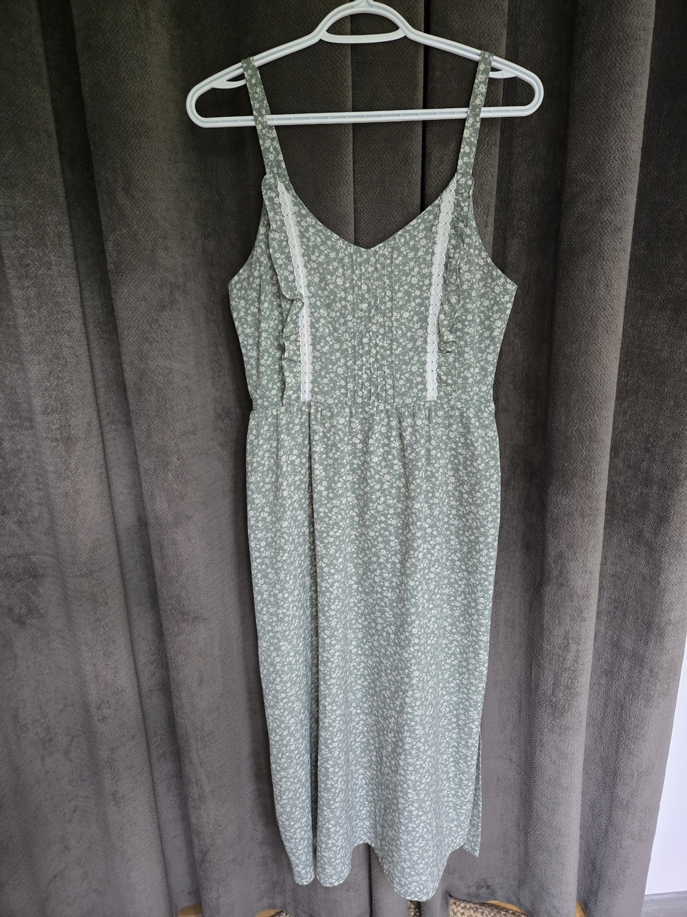 Monteau Sage Green Ditsy Floral Maxi Dress Tie Waist Cottagecore Coquette M - Picture 11 of 13